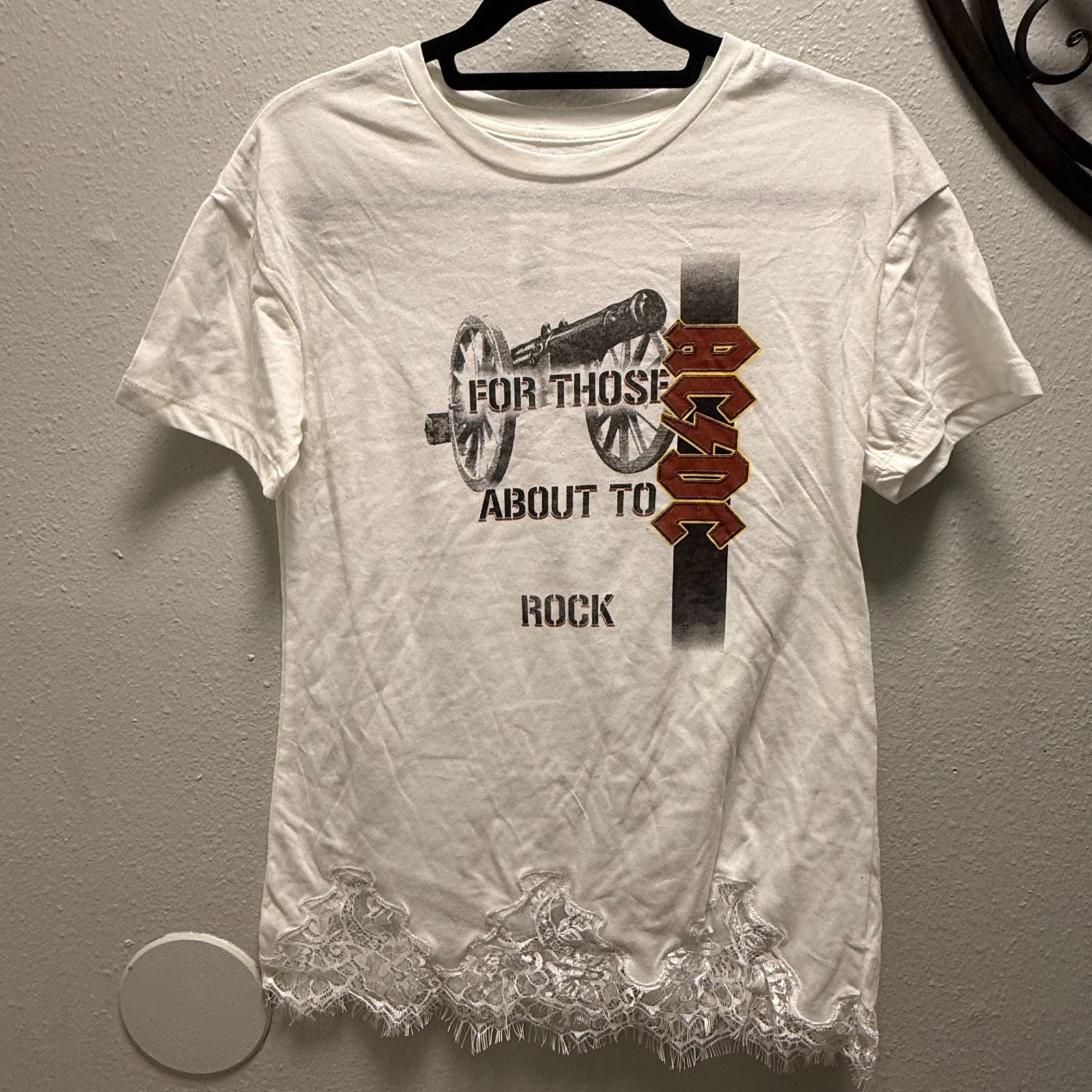 AC/DC For Those About To Rock Lace Trim T-Shirt M White Graphic Band Tee NWT