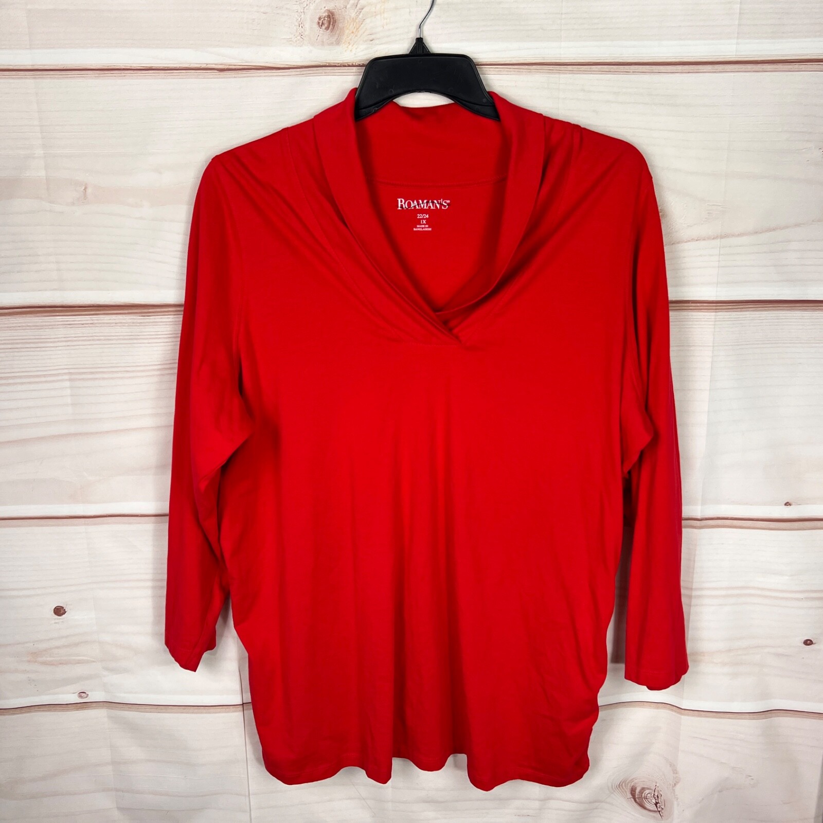 Roamans Top Womens 1X Red Shawl Collar T-Shirt Long Sleeve Tunic Cotton Solid