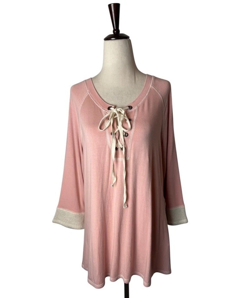 JUDE Shirt Women Large Pink Lace Up Knit Lightweight Pullover Athleisure USA