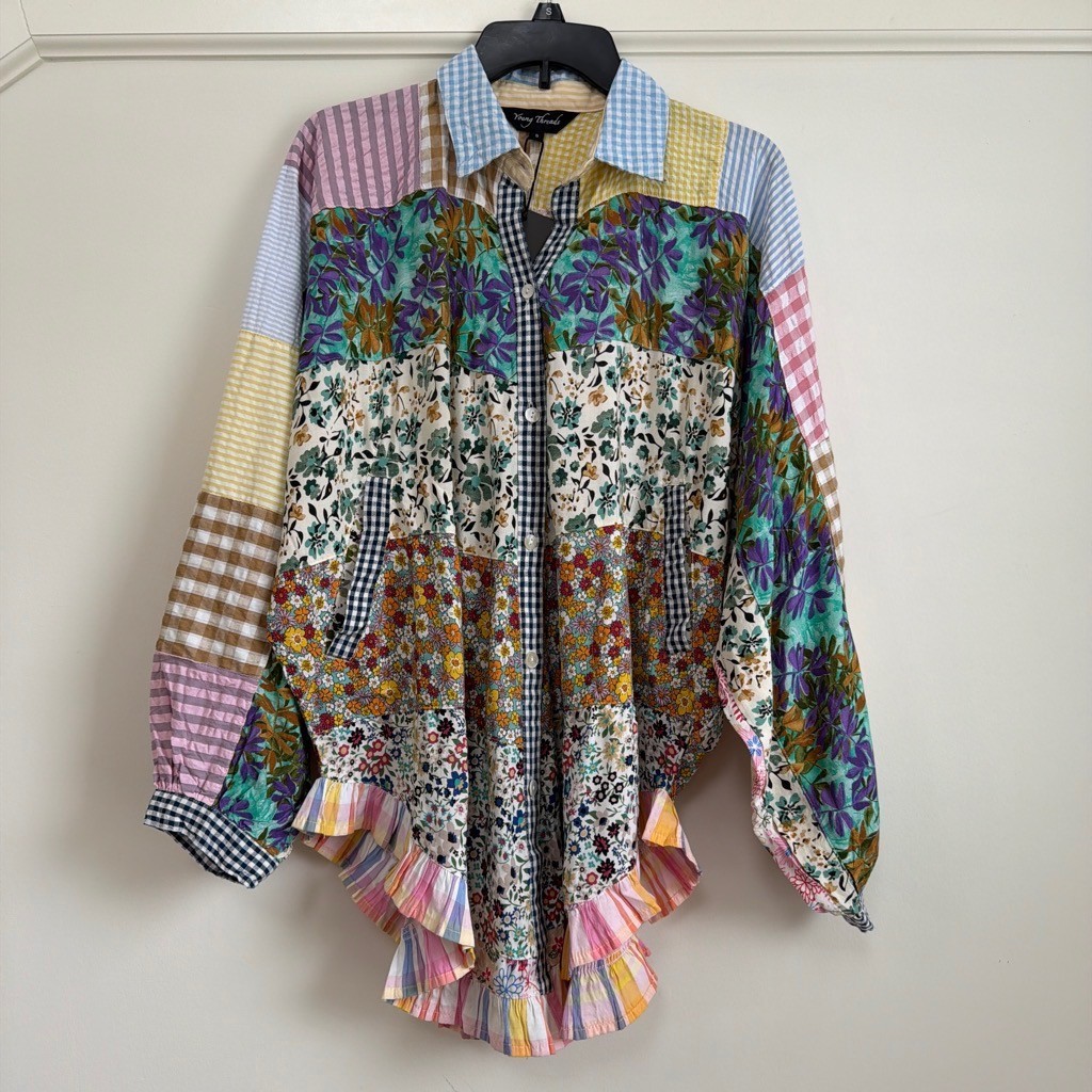NWT Young Threads Patchwork Button Up Shirt Womens S Batwing Bishop Sleeve
