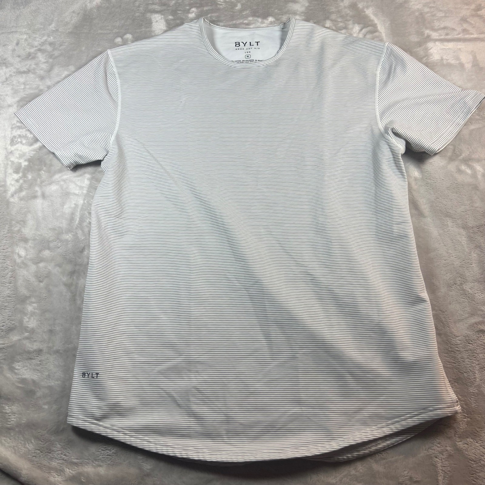 BYLT Women’s XL Drop Cut S/S Lux White Grey Striped Curved Hem Tee XDCSS_STP