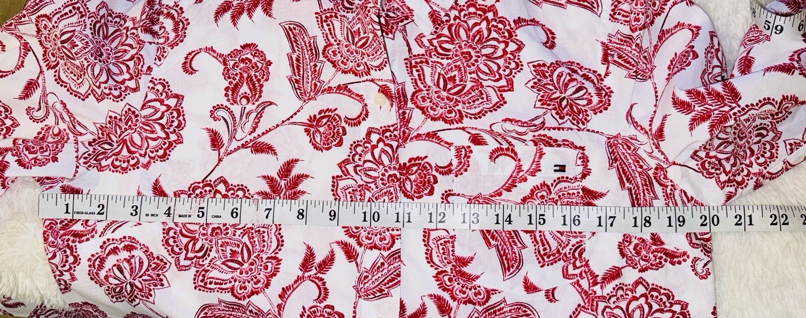 Tommy Hilfiger Blouse Medium Flip Cuffs Red Paisley Button Shirt Top Roll Tab