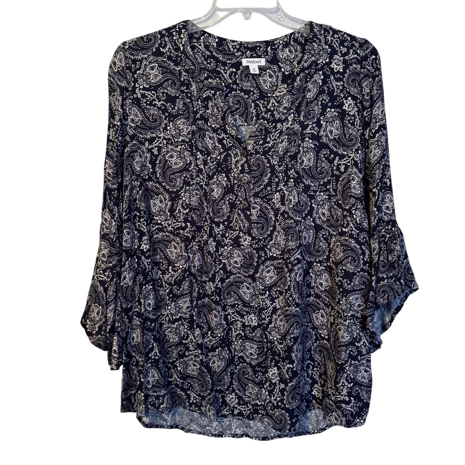 Westport Womens Blouse Sz 1X Navy & White Paisley Print 3/4 Sleeve Blouse