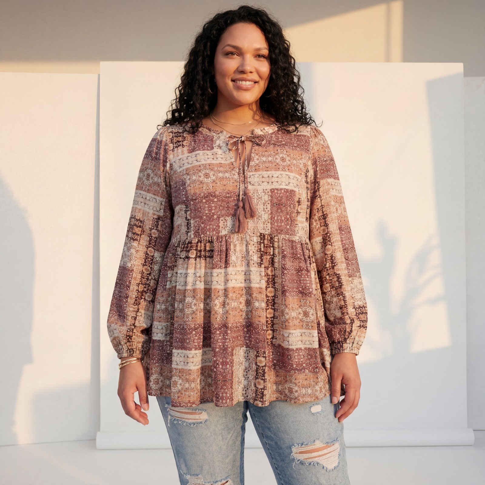 Avenue 16 NWT Blouse Tunic Boho Flowy Patchwork Ruffle Bow Tassel *New in Bag*