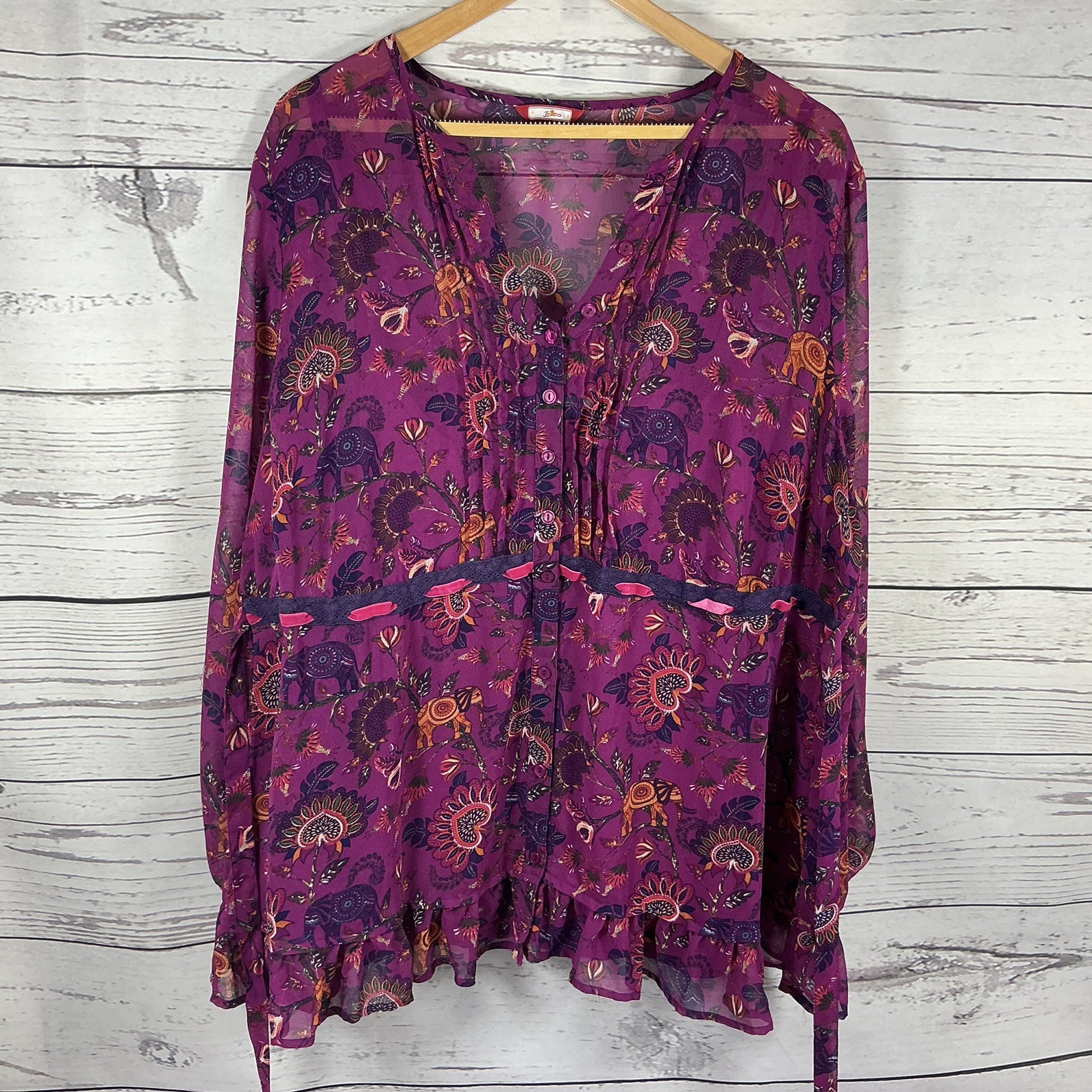 Joe Browns Top Size 24 Pink Floral Elephant Print Chiffon Long Sleeves Tie Back