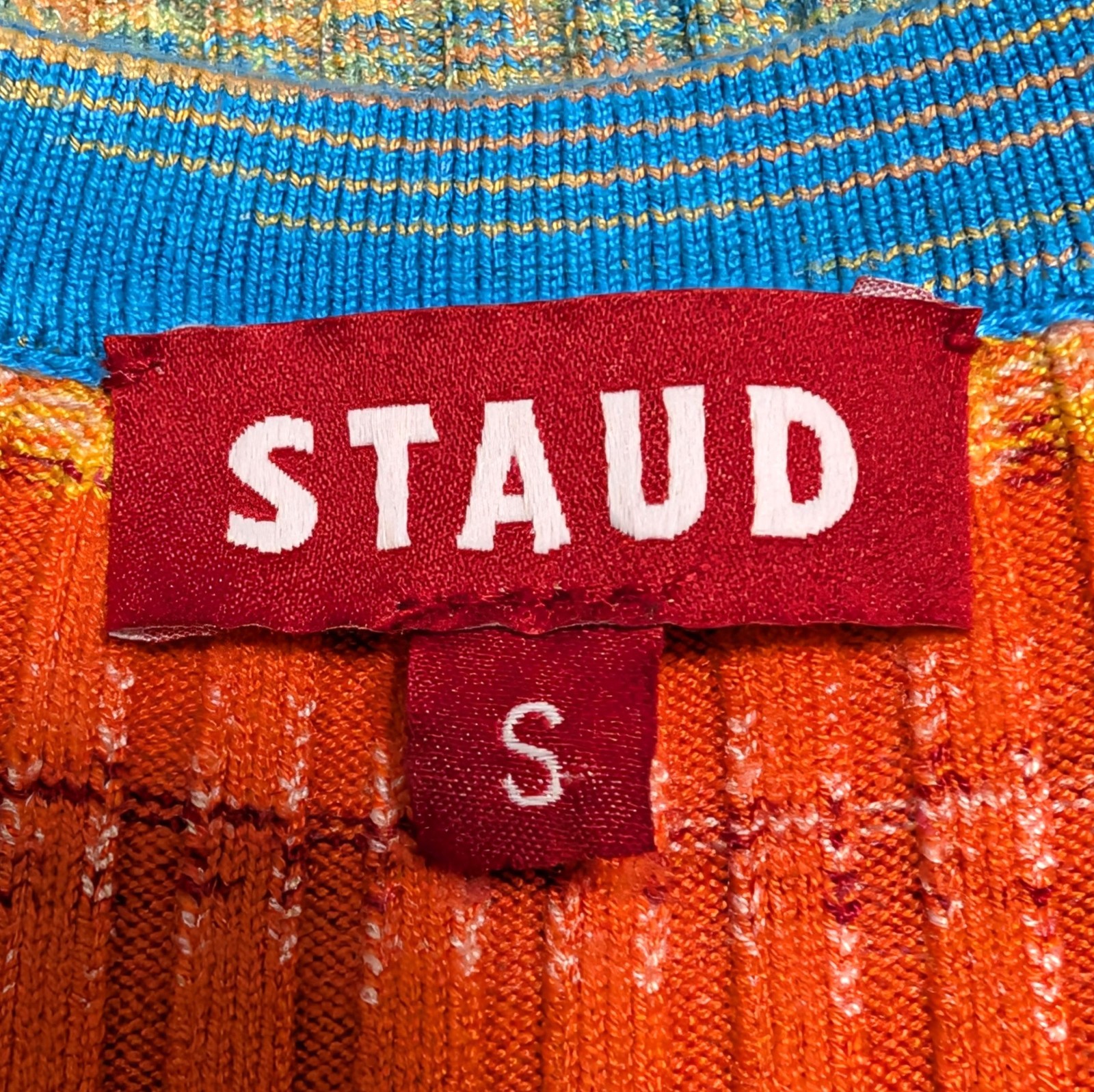 Staud Womens Size S Rainbow Space Dyed Cargo Ribbed Button Front S/S Fitted Top