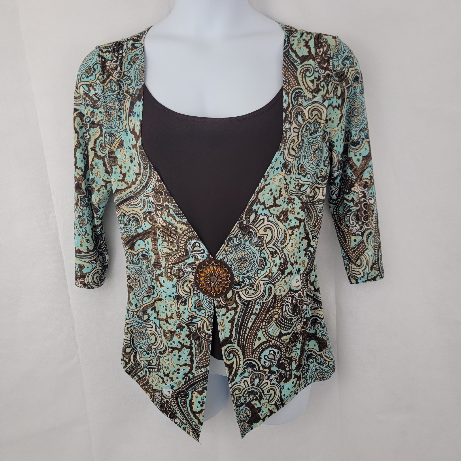 DRESSBARN Womens Top Sz PL Artsy Paisley Layered Stretch Mature Beaded Sparkle