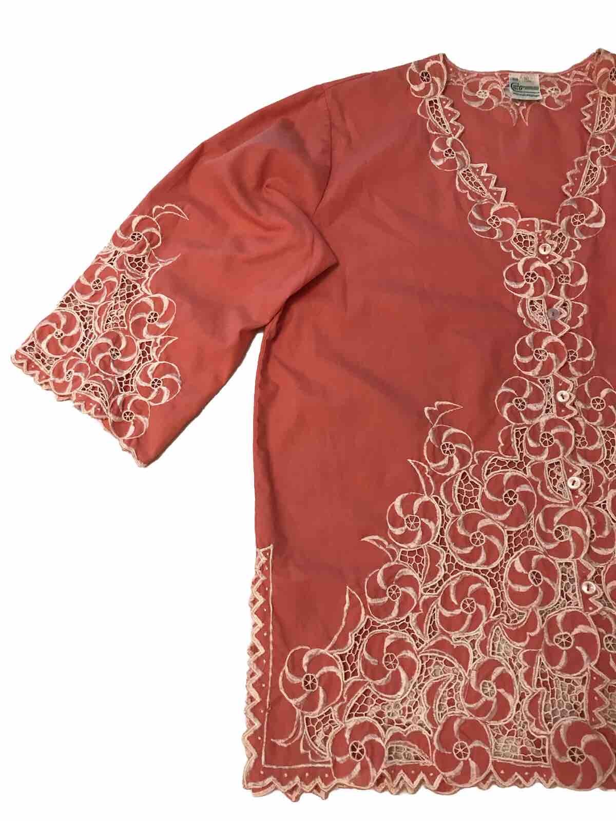 Caro Of Honolulu Womens Sz 10 Medium Embroidered Button Up Tunic Top Boho Orange
