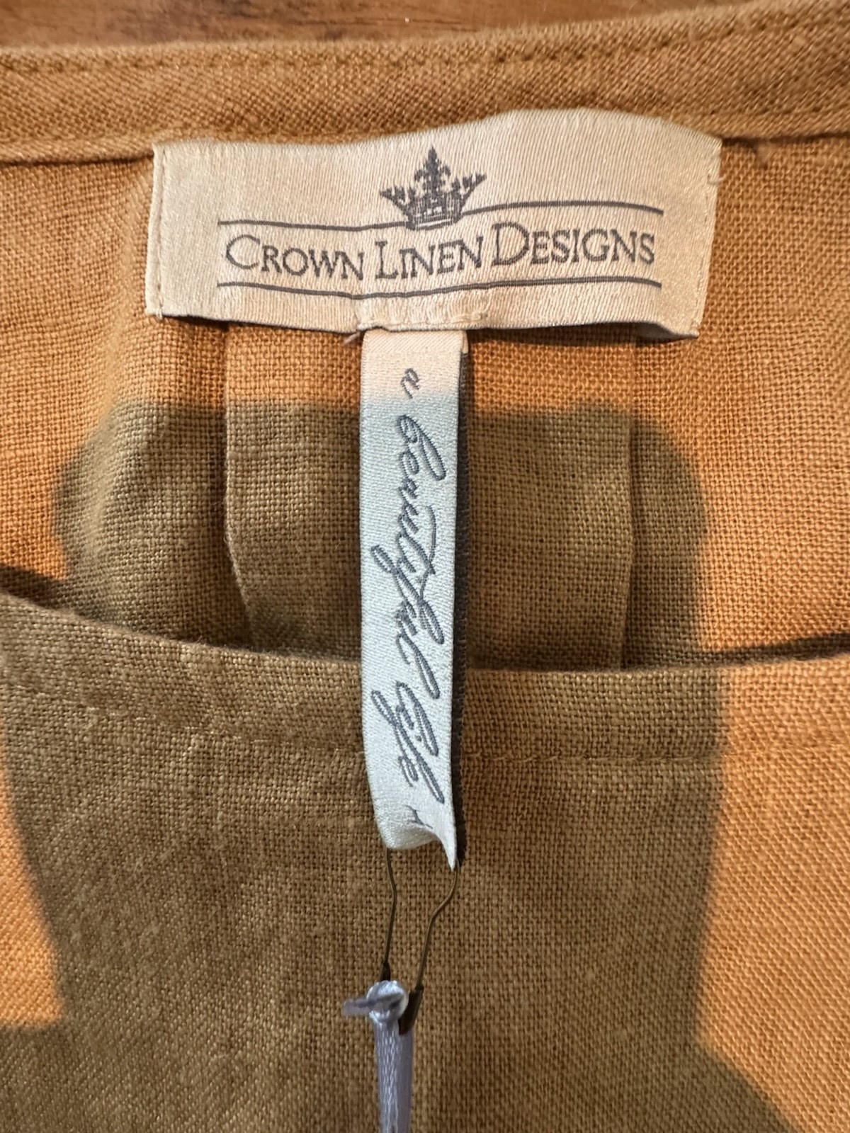 NWT Crown Linen Designs 100% Linen Tunic Top L Sleeve Boho Coastal Camel Mustard