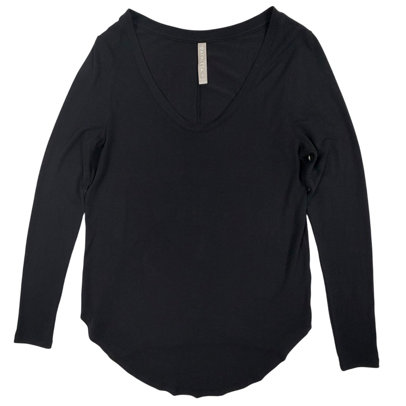 Athleta Black Modal Blend Long Sleeve Scoop V-Neck Curved Hem Top Small