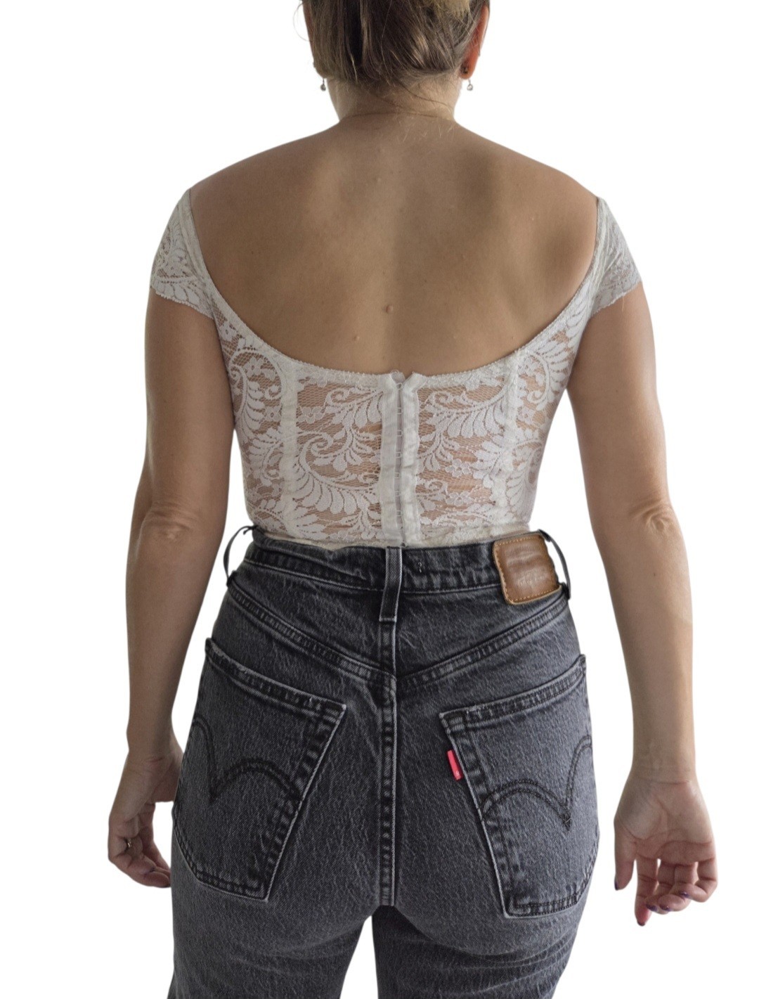 VTG Y2K On Gossamer Ivory Lace Corset Crop Top M Off Shoulder Boned Coquette
