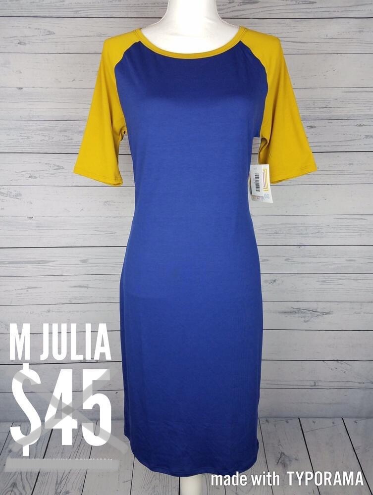 New! LuLaRoe M (Medium) Julia Dress BNWT Vintage 1.0 Solid Blue w/ Gold Sleeves