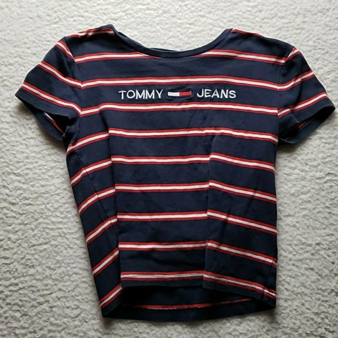 Tommy Jeans Shirt Womens Medium Blue Crew Neck Short Sleeve Stripe Crop Top