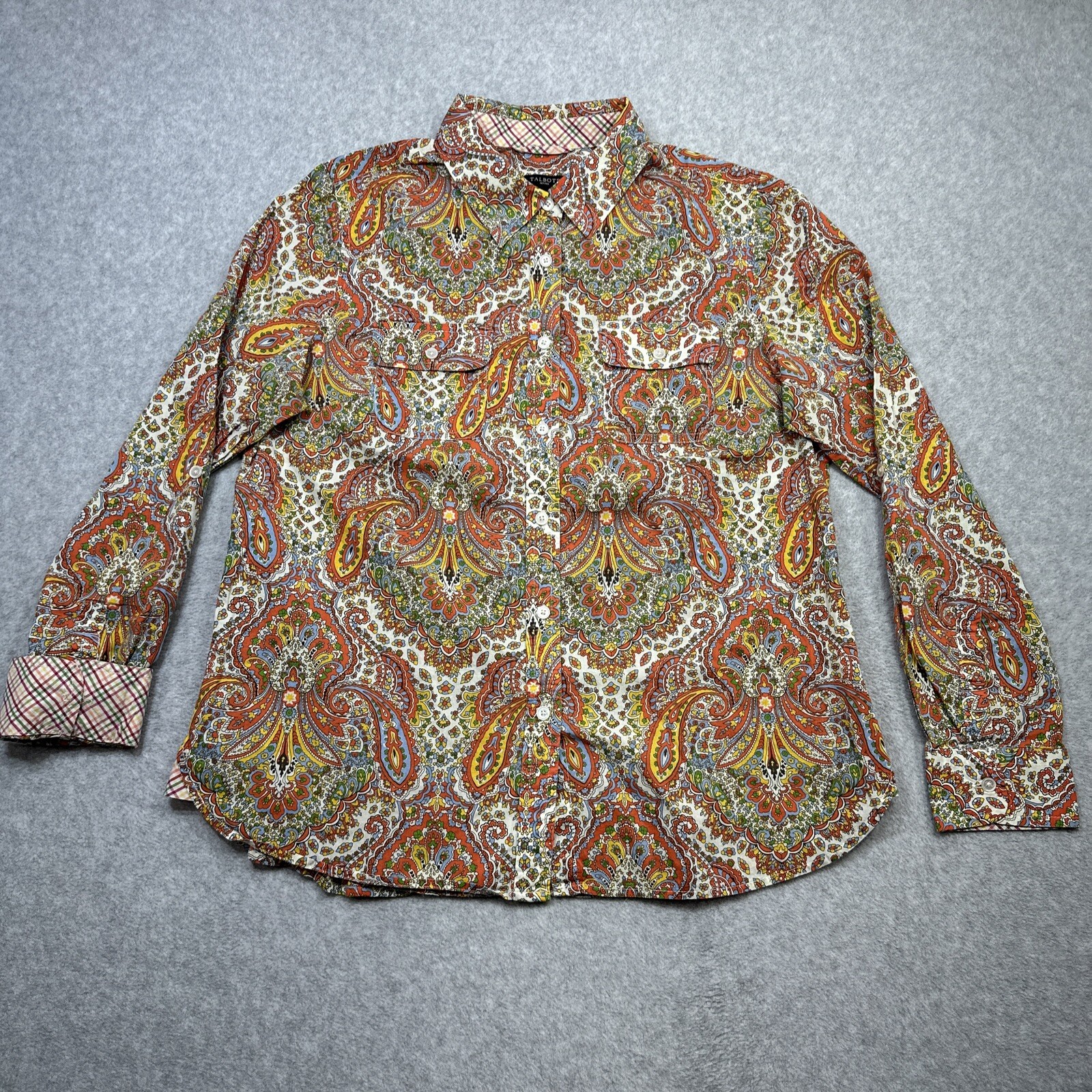 Talbots Top 10P Orange Paisley Roll Tab Flip Cuff Versatile Layer Everyday Wear