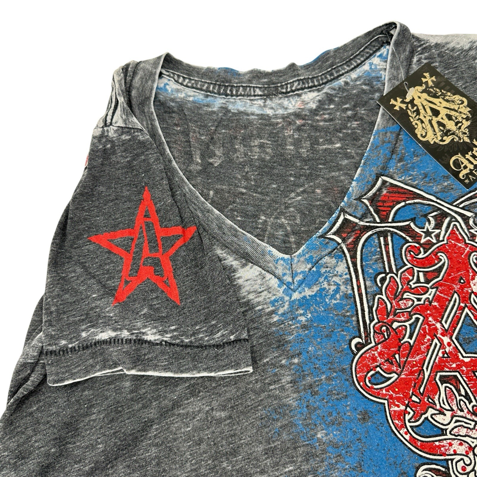 ARCHAIC by AFFLICTION Women’s Gray V-neck Short Sleeve Lightweight Shirt Large
