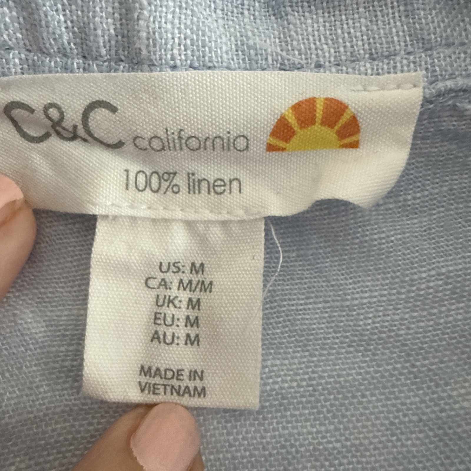 C&C California 100% Linen Lt Blue Short Sleeve Button Down Shirt Crop Size Med