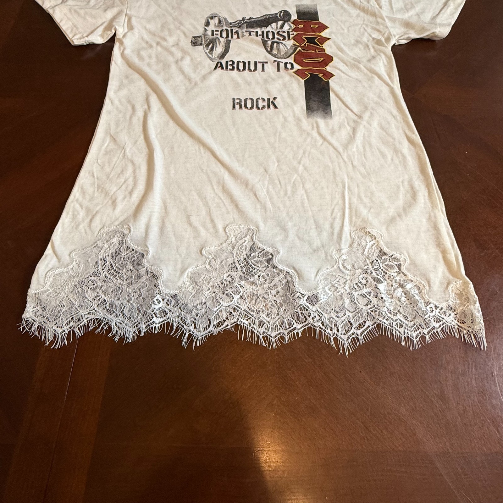 AC/DC For Those About To Rock Lace Trim T-Shirt M White Graphic Band Tee NWT