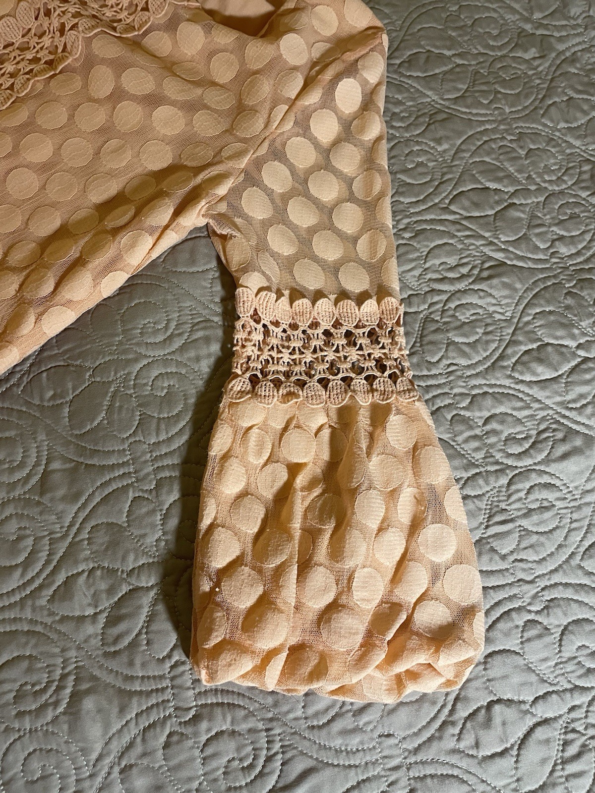 # 9 Alfani Peach Polka Dot Chiffon Lace Trim Sheer 3/4 Balloon Blouse L
