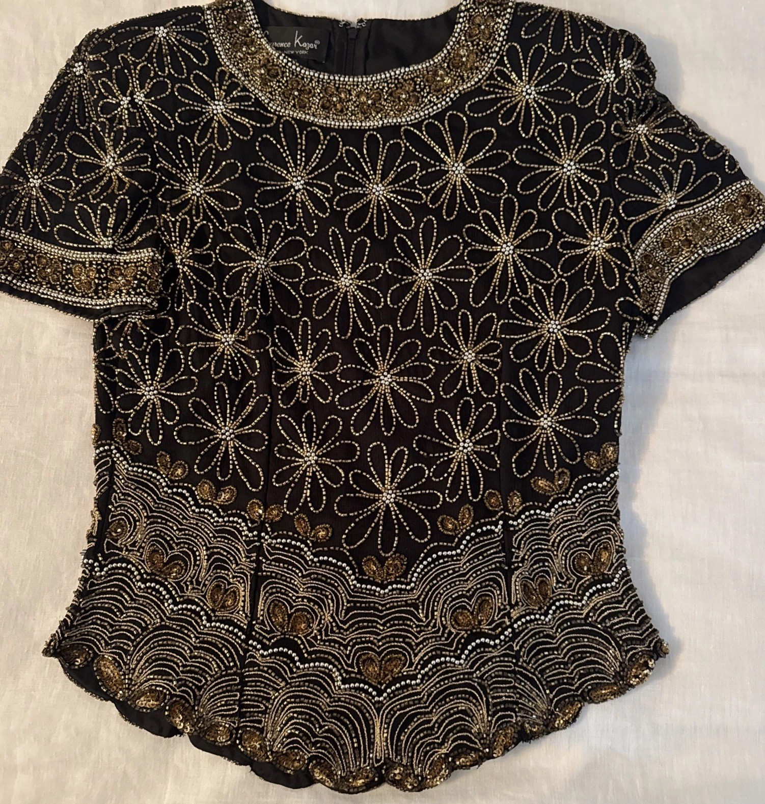 Laurence Kazar Vintage Beaded Silk Top Small Black Gold Sequin Evening Party