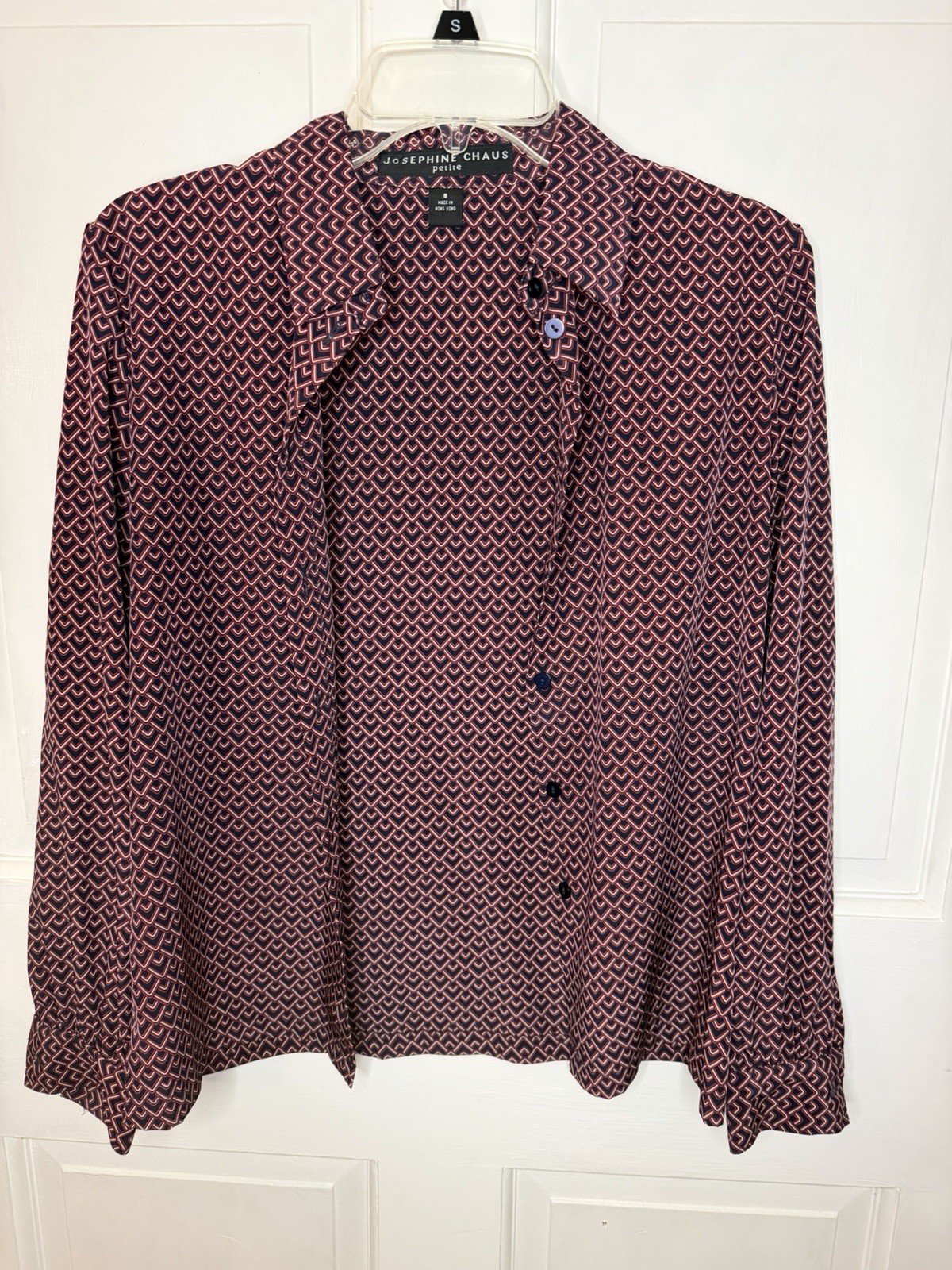 VTG Josephine Chaus Women’s Petite 8 Navy Red White Geometric Collared LS Blouse