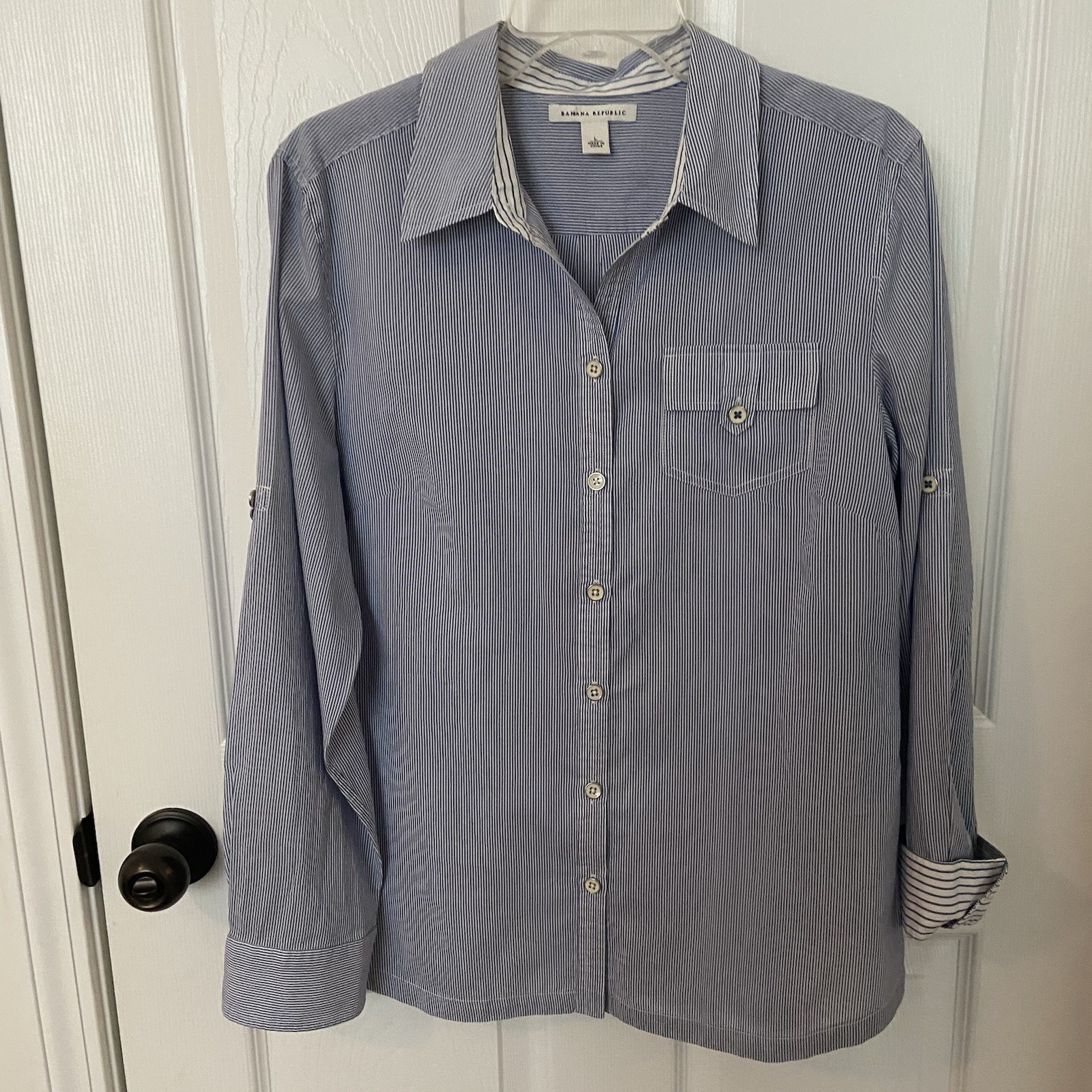 Banana Republic Blue White Pinstripe Cotton Silk Button Front Shirt Large