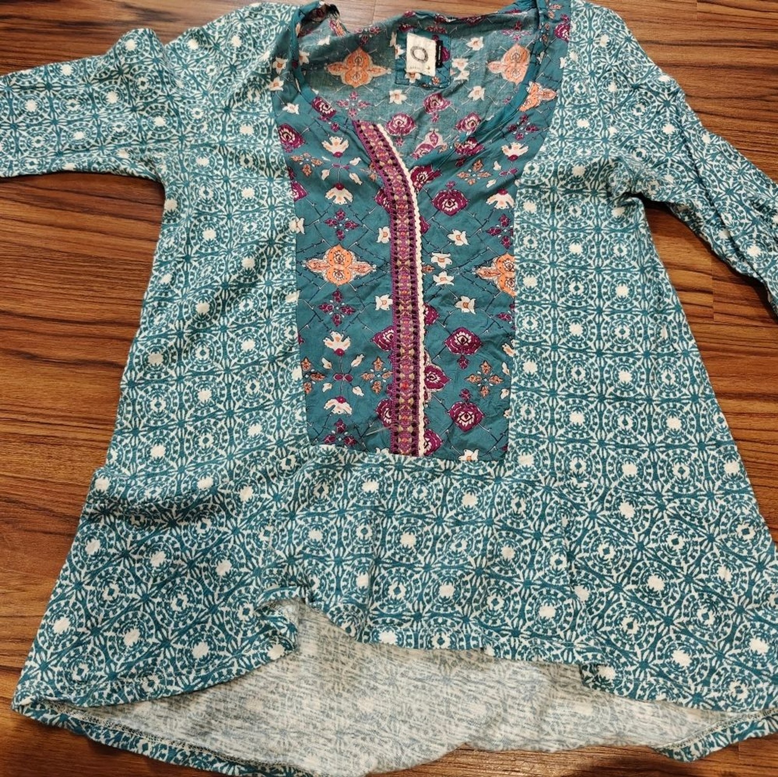 Anthropologie AKEMI + KIN Teal Inkatha Mixed Print Top Shirt Blouse