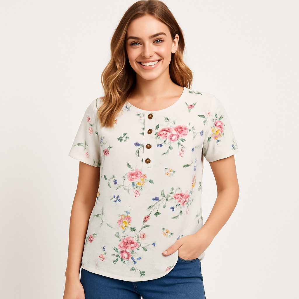 White Floral Butterfly Print Henley Blouse Small Wood Button Short Sleeve Boho