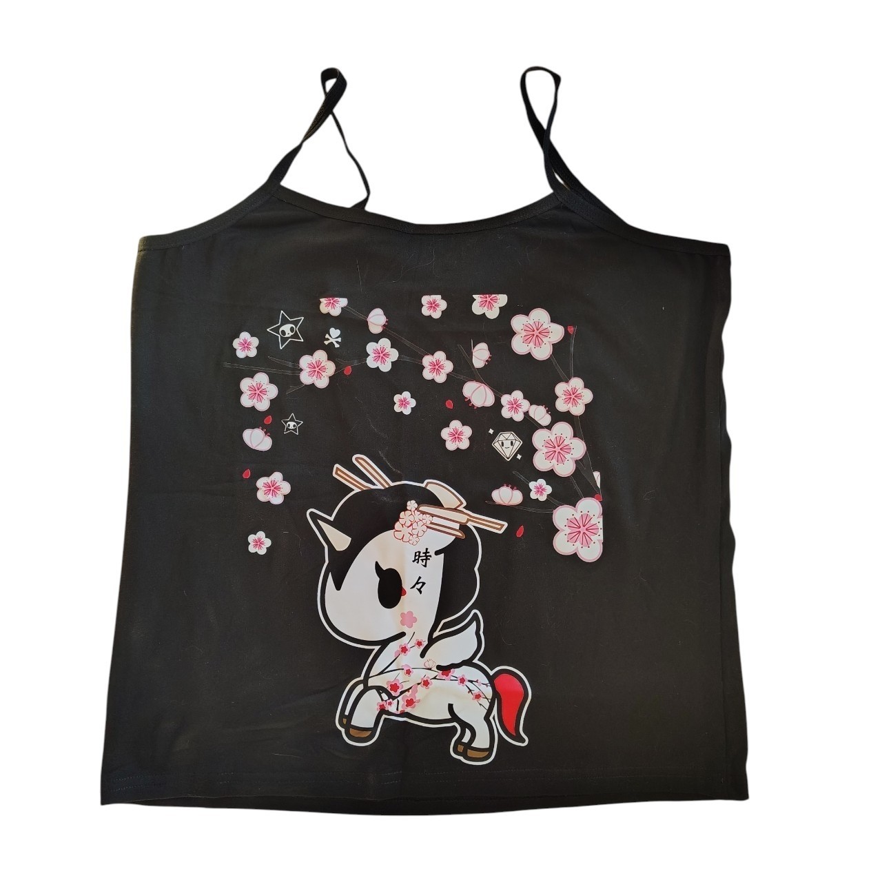 Black Kawaii Unicorn Cherry Blossom Cami M/L Cropped Fitted