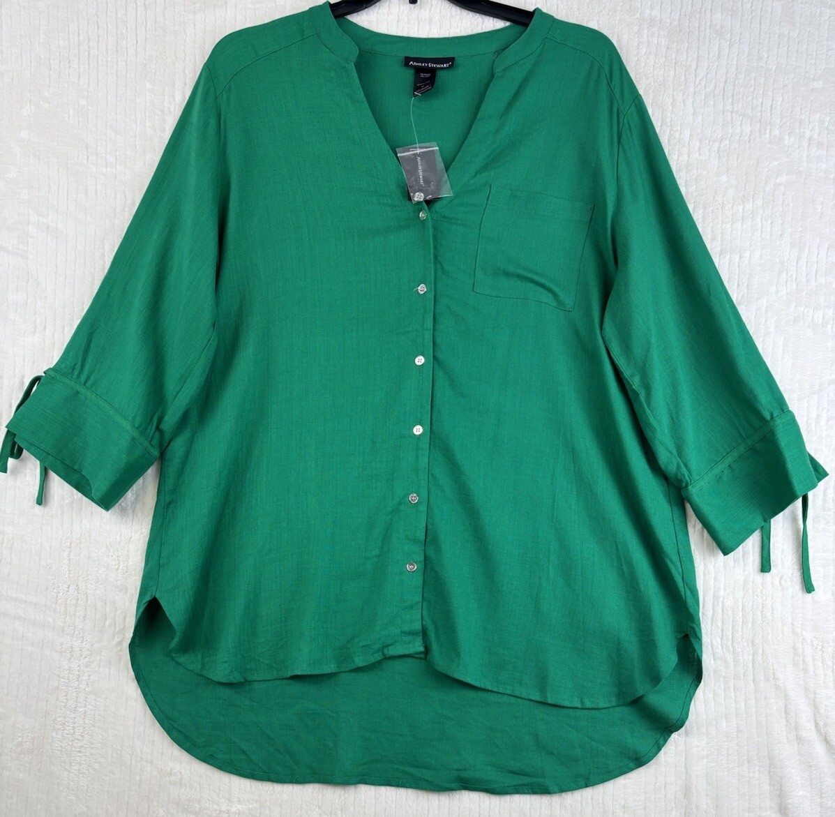 ASHLEY STEWART Button Down Top Longsleeve Green Size 16 NWT Linen/ Rayon