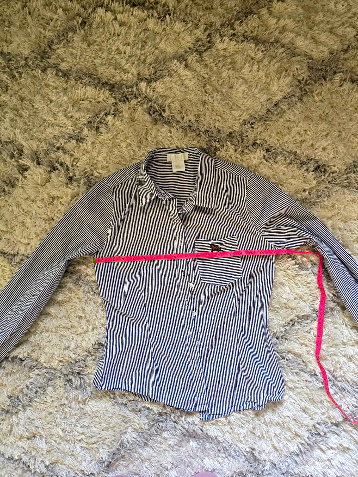 Life Women’s M Blue/White Striped Cotton Button-Down Collared Blouse Pocket