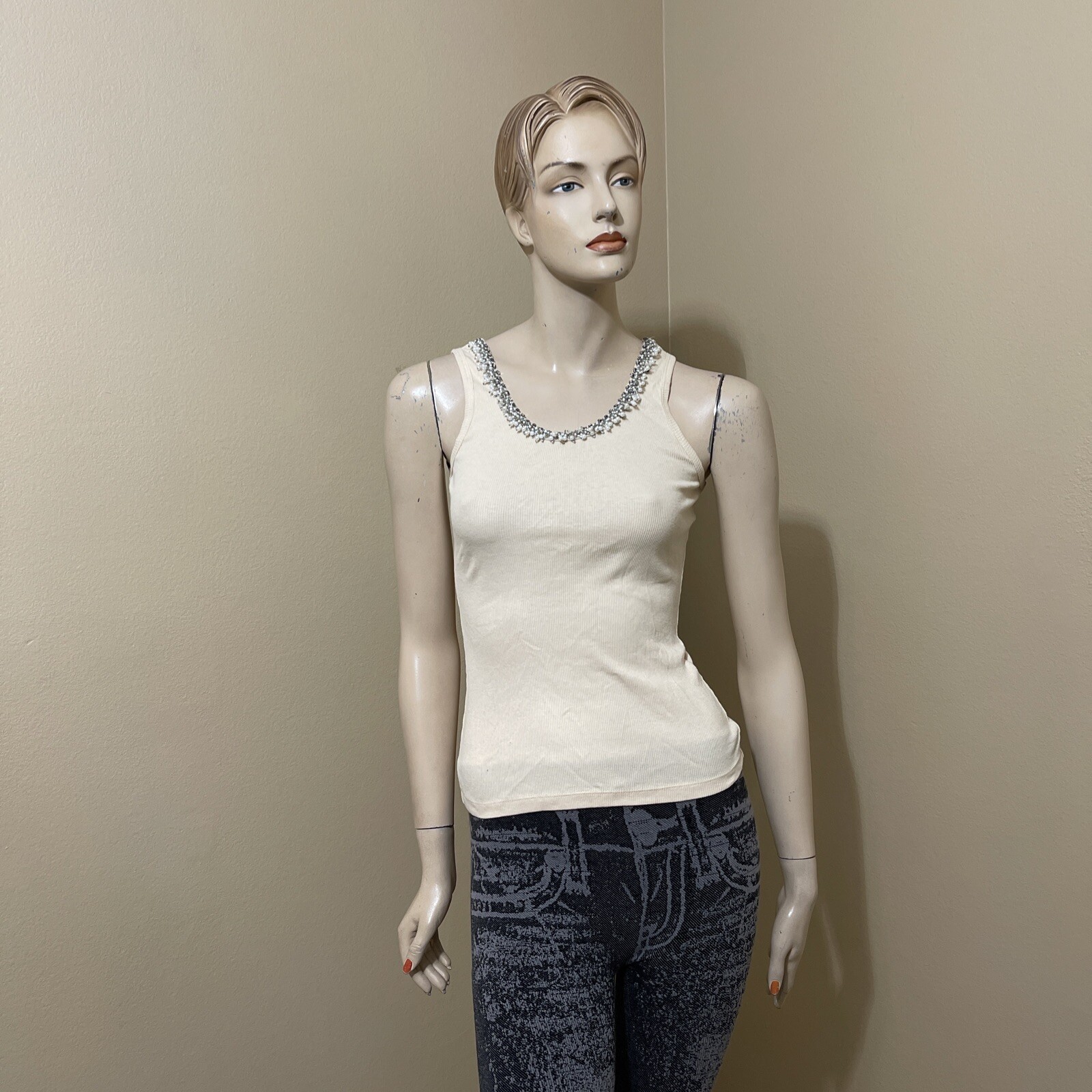 Women’s Ivory Cotton Casual Summer Open Stretch Slim Beaded Size S Blouse Top