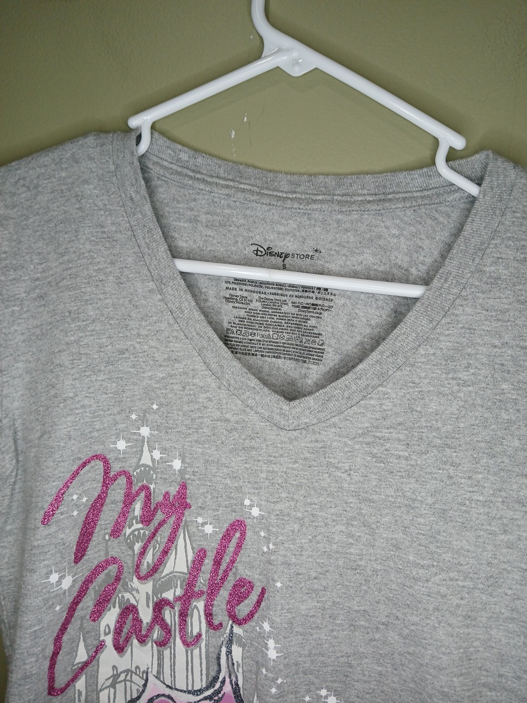 Disney Store Women’s Small Gray V Neck MY Castle MY Rules Glitter T-shirt WDW