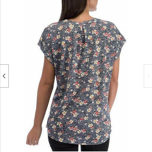 Bobeau Women’s Printed French Terry V-Neck Tee, (Navy Floral, Medium) NWT