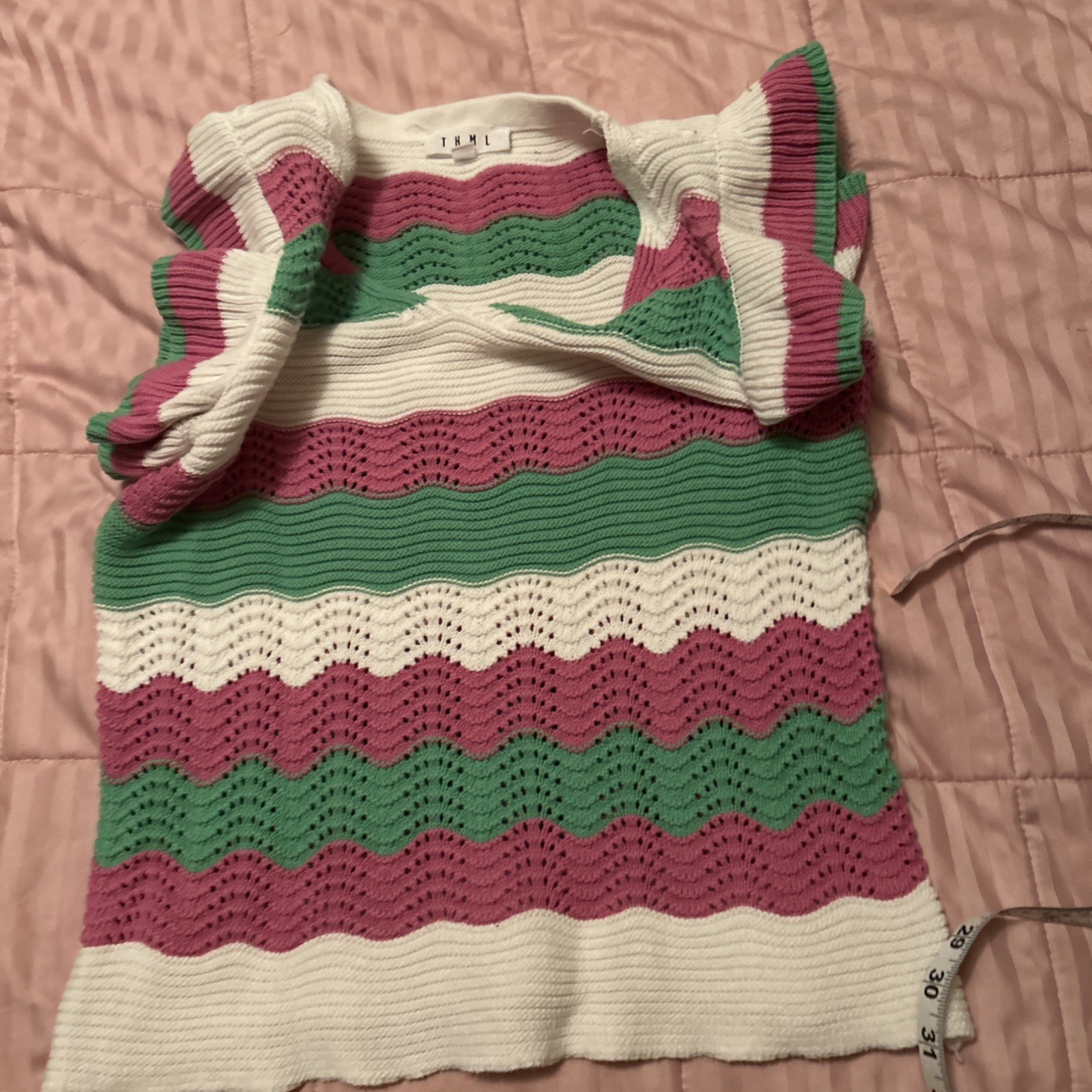 THML knit White Pink Green stripe Flutter top Size M
