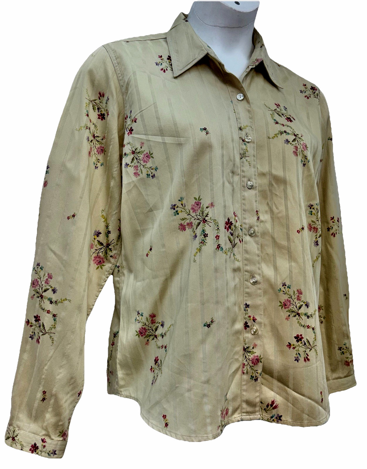 Liz Claiborne Lizwear Jeans Size L Button-Up Long Sleeve Top Tan Striped Floral