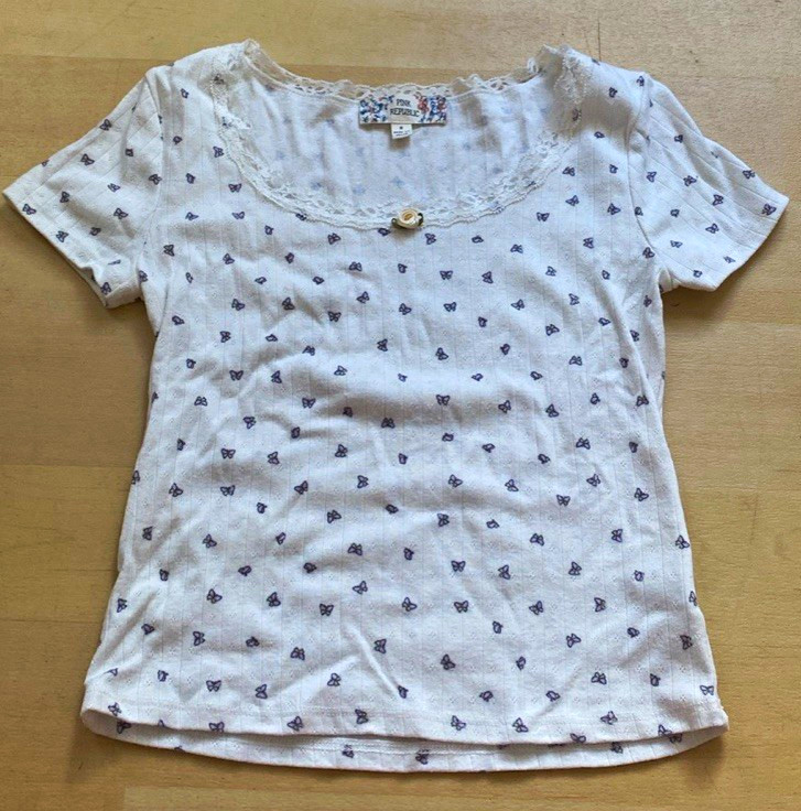 PINK REPUBLIC Butterfly Lace Trim Knit Scoop Neck Short Sleeve T-Shirt S White