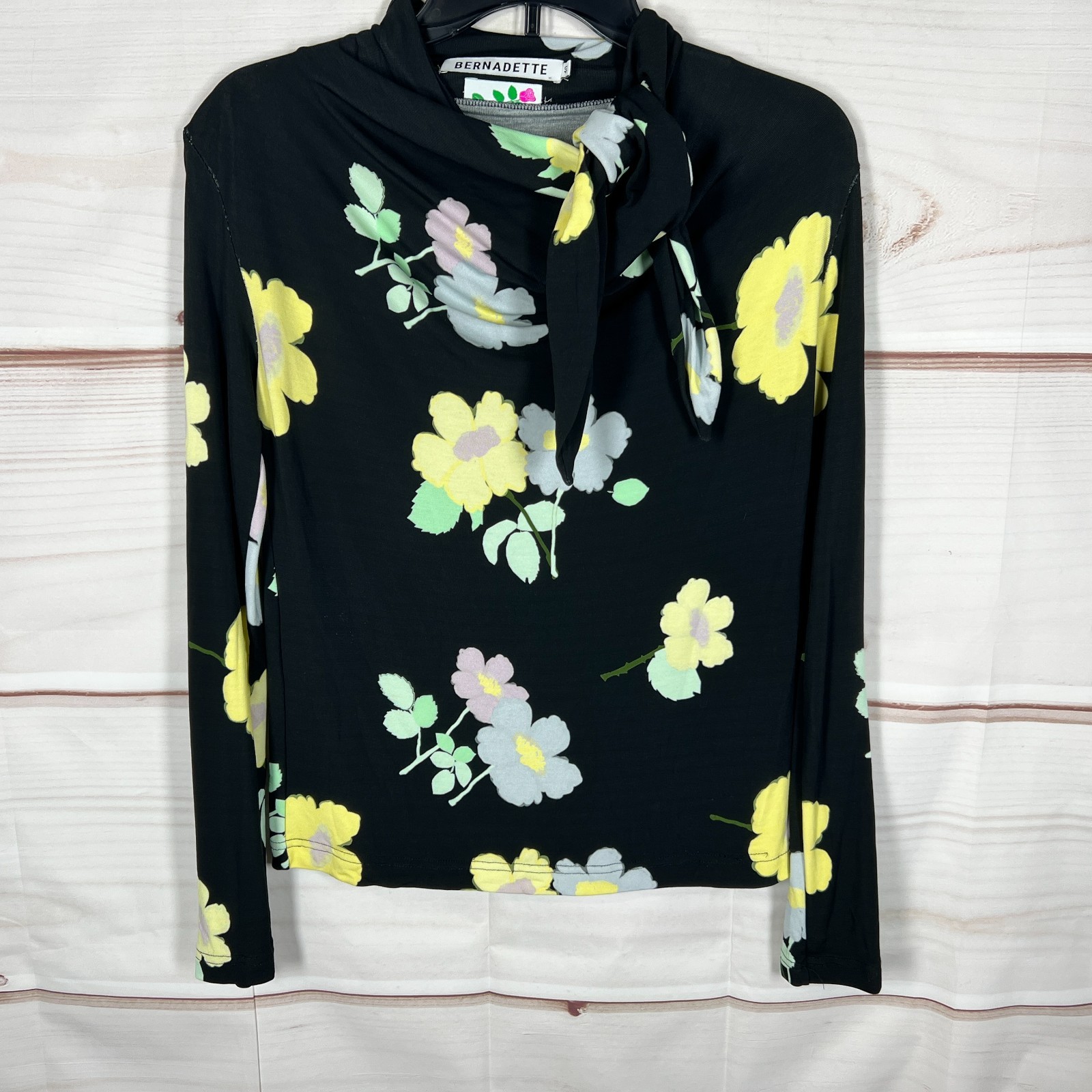Bernadette Top Womens EU 40 US 8 Black Floral Knit Blouse Tie Neck Long Sleeve
