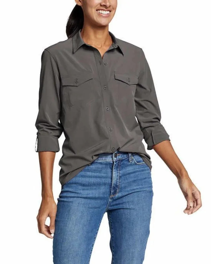 NWT Eddie Bauer Departure Stretch Travel Shirt, small, Roll Tab Sleeves, UPF 50+