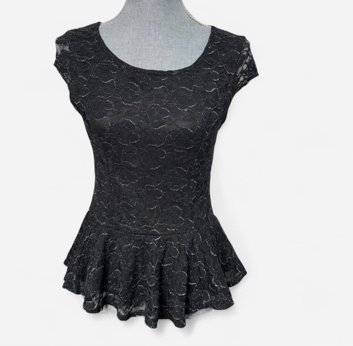BCX Y2K Lace Peplum Top Goth Whimsigoth Open Back Stretch Evening Black Sz M