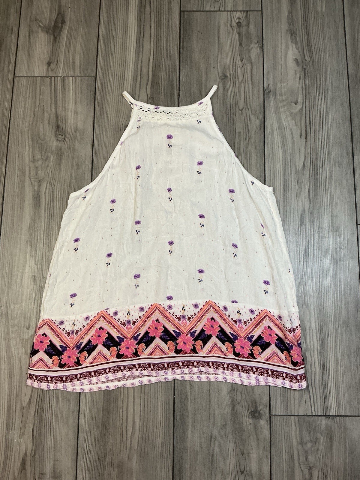 Boho Floral Chevron Border Print Halter Tank Top Crochet Neck Sleeveless Cami