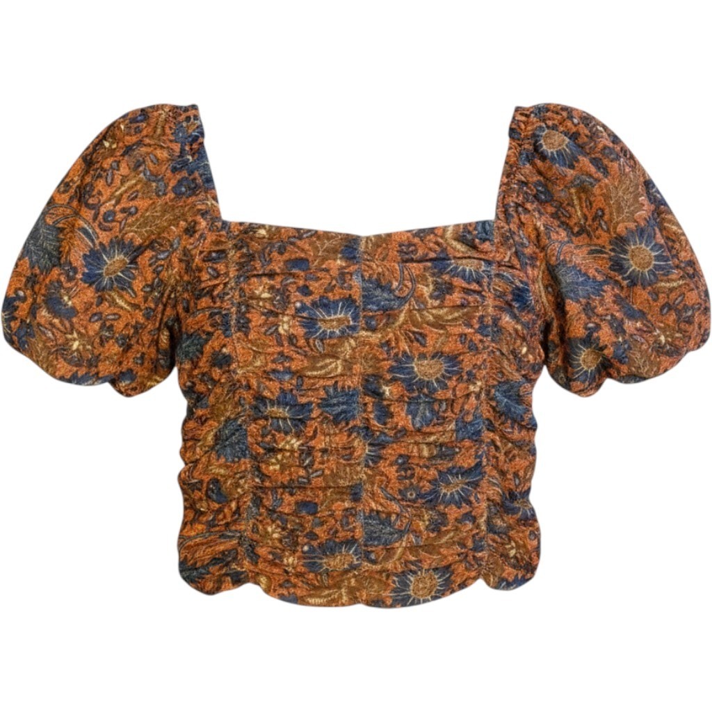 House of Harlow 1960 Womens Sm Floral Puff Sleeve Smocked Crop Boho Cottagecore
