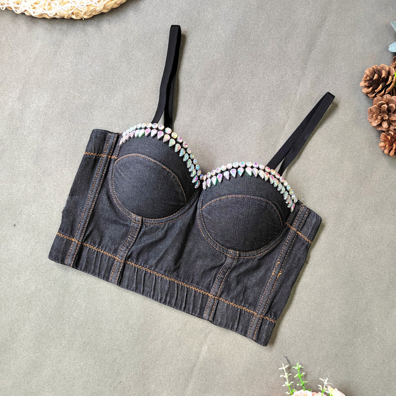 Lady Rhinestone Denim Bustier Crop Top Adjustable Strap Push Up Bra Camisole Top