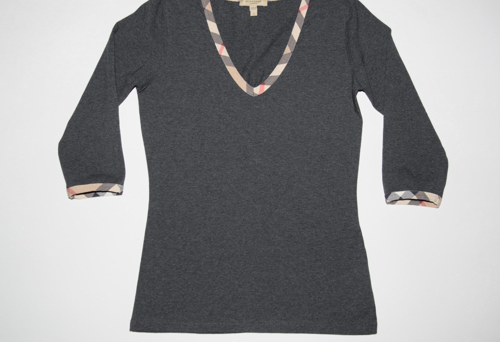 AUTHENTIC WOMEN’S BURBERRY BLOUSE NOVA CHECK TRIM STRETCH TOP Sz. S P2P 17″ MINT