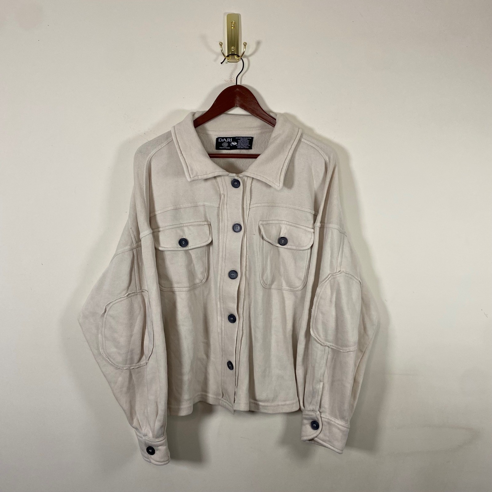 Lightweight Jacket Womens Beige Cream Button Down Shacket Long Sleeve Patchwork
