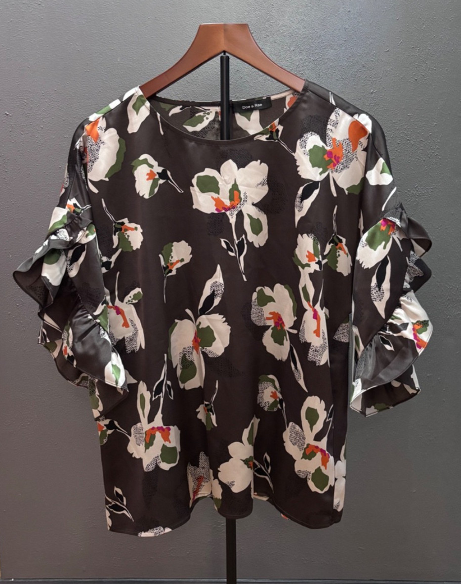 Doe & Rae NWT Gray White Green Floral Blouse Top Ruffle Split Sleeve Size Large