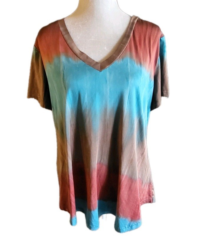 Women’s Agnes Orinda Top Blue and Brown Tie-Dye V-Neck Short Sleeve Shirt 1X
