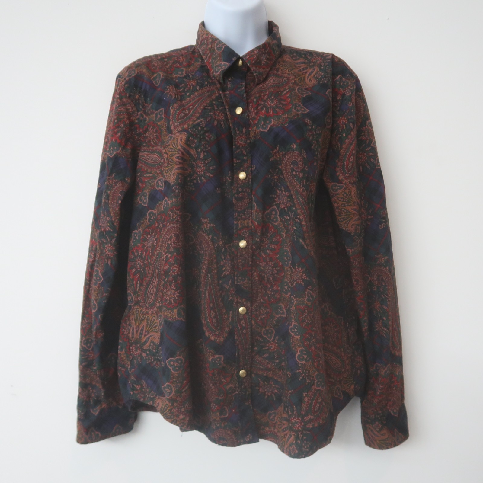 Chaps Womens Button Up Shirt XL Paisley Print Gold Tone Buttons Dark Academia