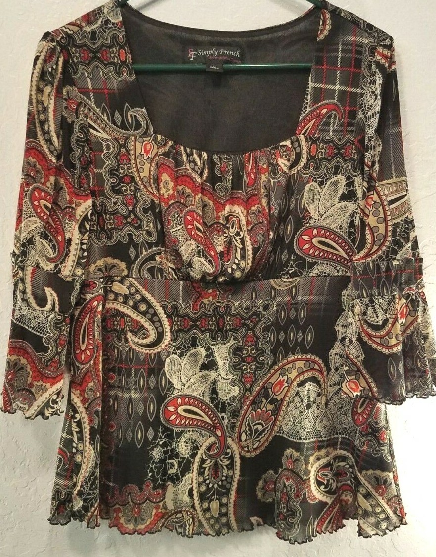 Simply French International Design Top (L) Multicolor. Geometric Design. 3/4 Slv