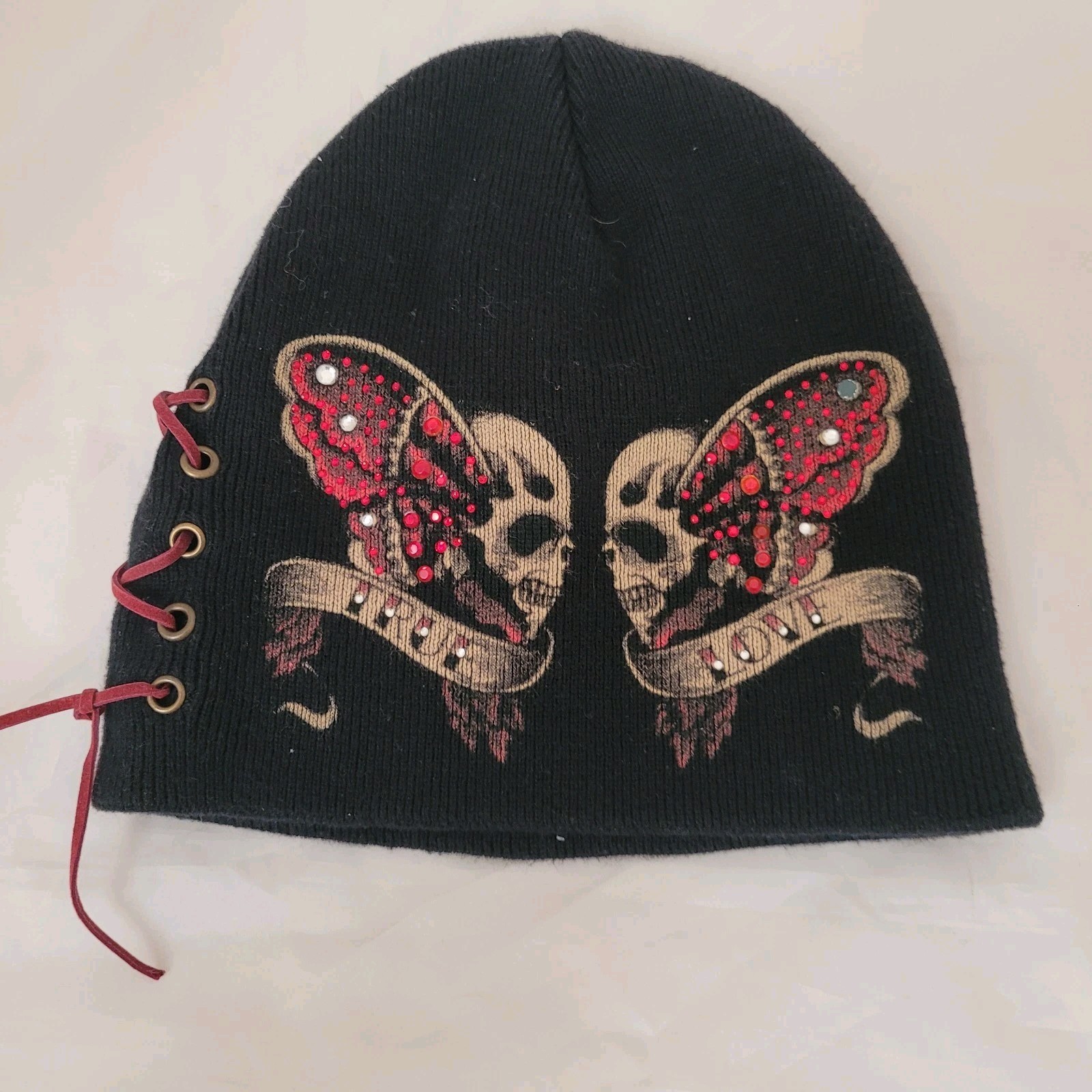 Y2K Sinful by Affliction Beanie Staredown True Love Skulls Womens Hat Black
