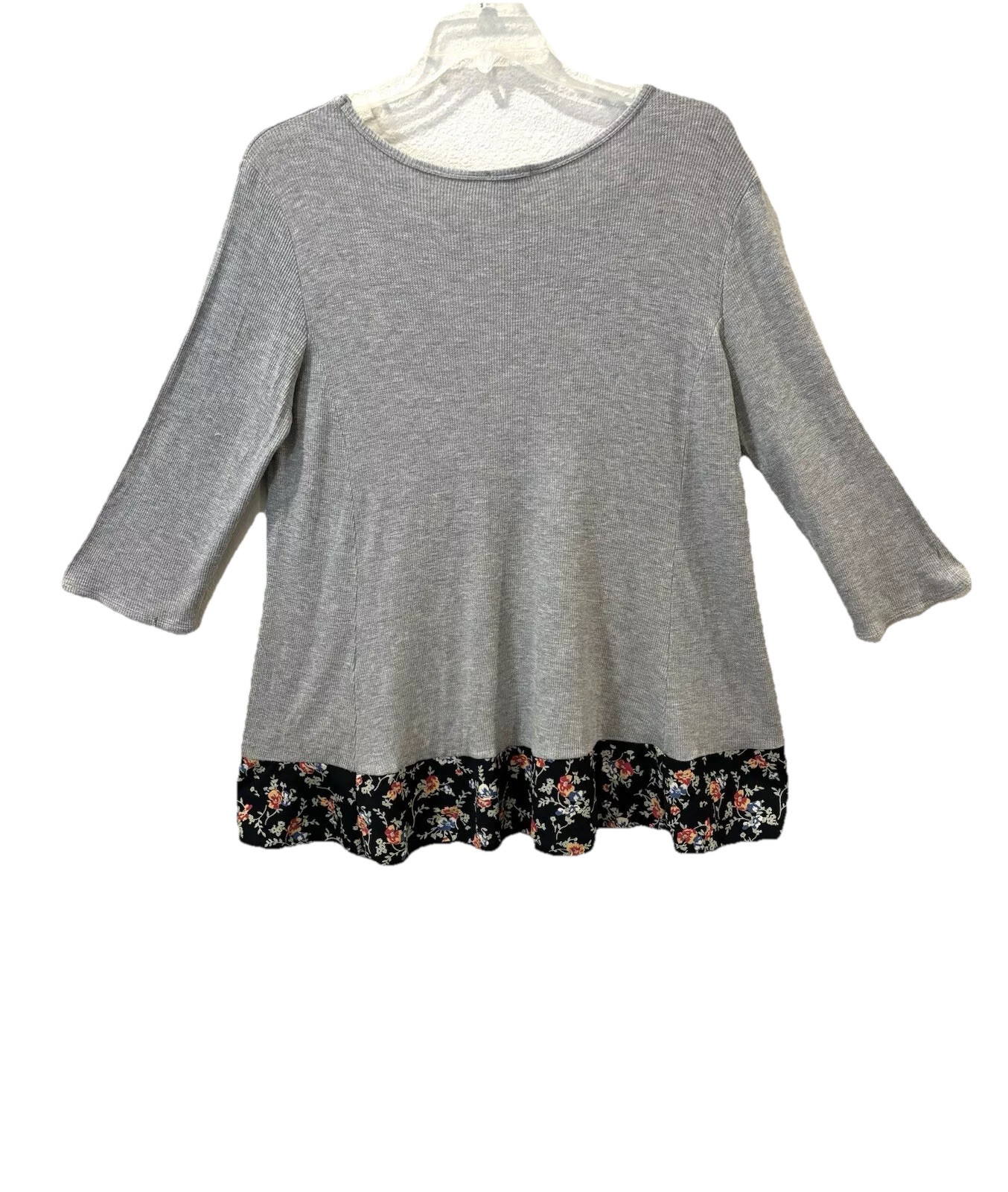 ODDI WAFFLE KNIT RIBBED TOP 1X/2X FLORAL HEM LO/HI WHIMSIGOTH COQUETTE ROMANTIC